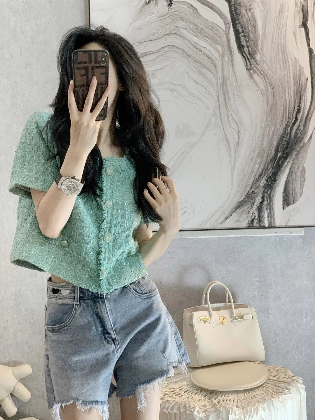 Vintage Fragrant Short Sleeve Jacket Womens Spring/Summer Versatile Fashion Tweed Greent Coat 240819