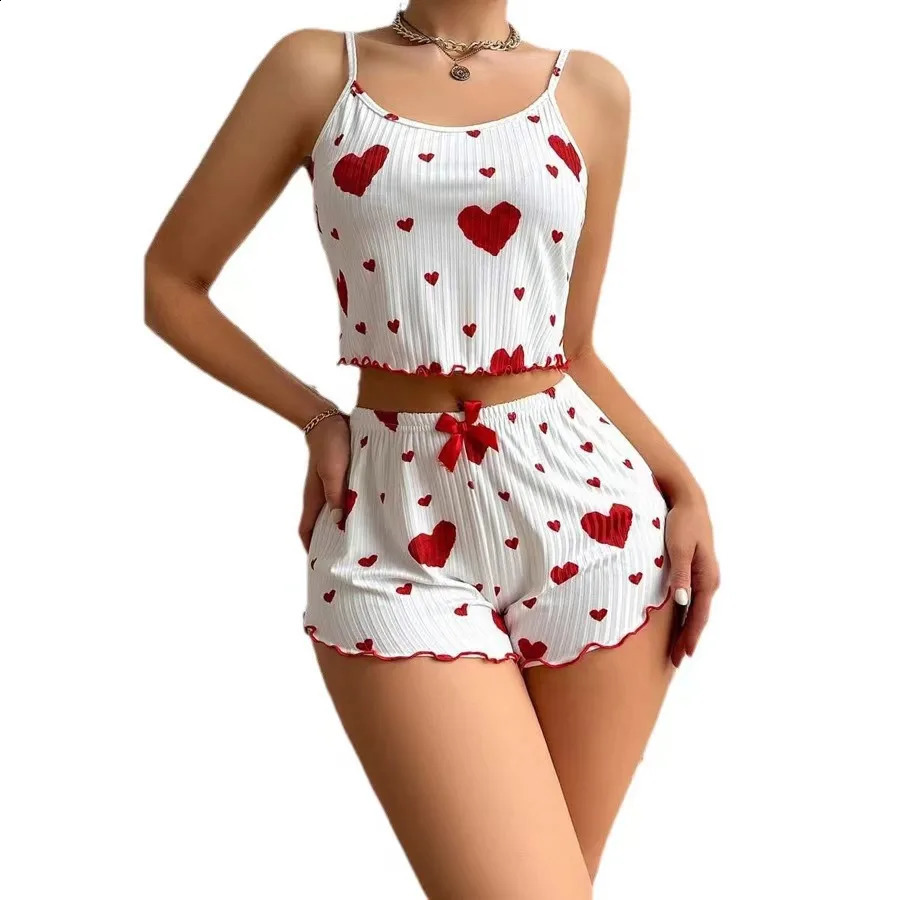 Womens Pajama Set 2Piece Short Tank Top and Shorts M L White Vent Soft Casual Love Printing w240819