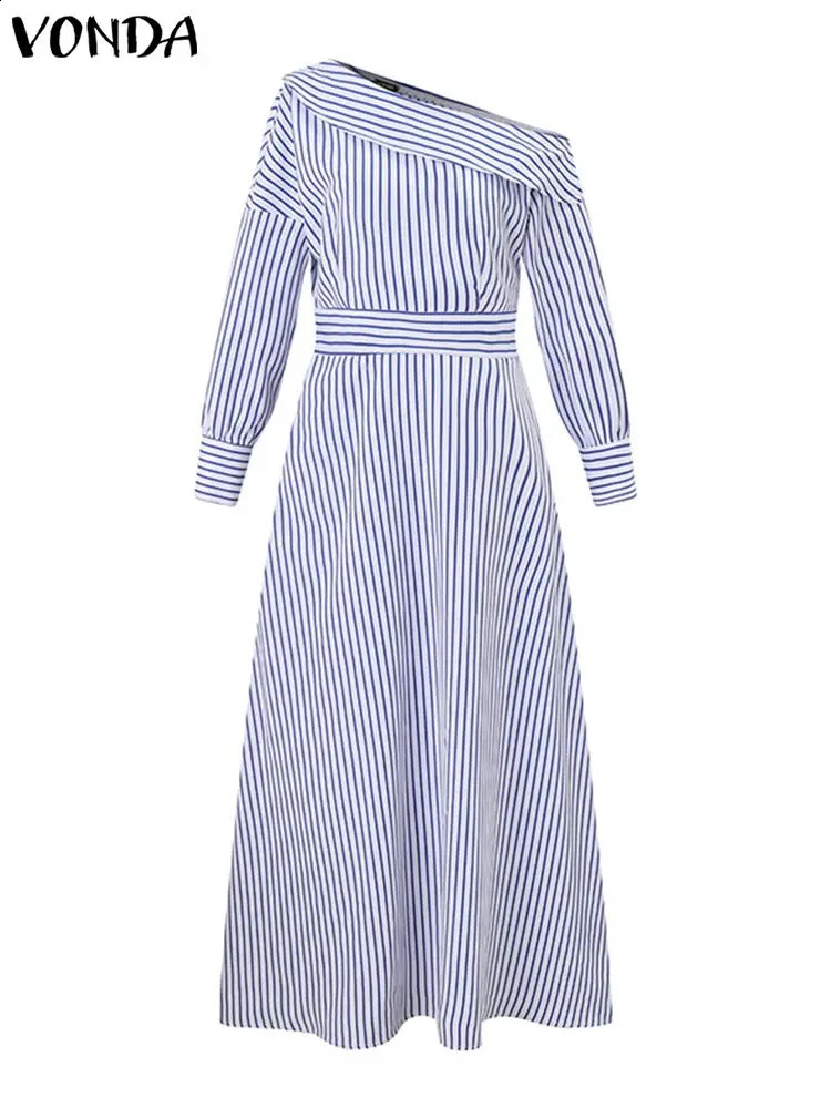 VONDA 2024 Women Elegant Striped Maxi Dress Bohemian Sundress Casual Loose Off Shoulder Long Sleeve Party Vestidos Robe Femme 240816