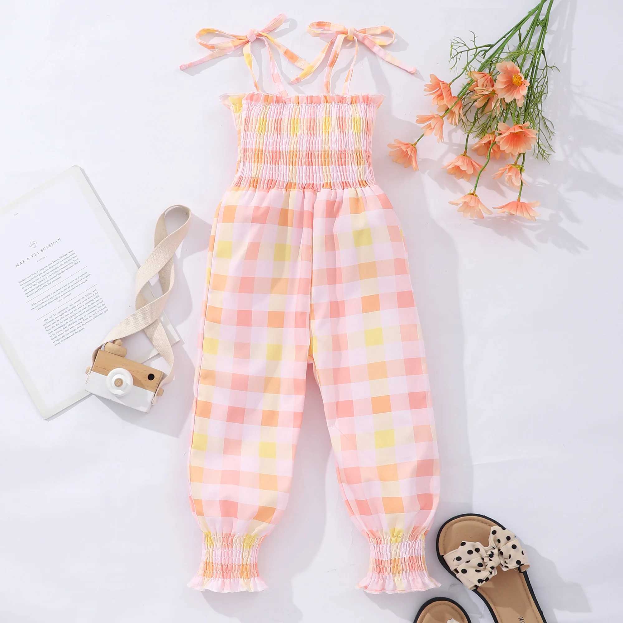 Sweet Girls Plaid Bow Decor Cami jumpsuit summer party gift W240806