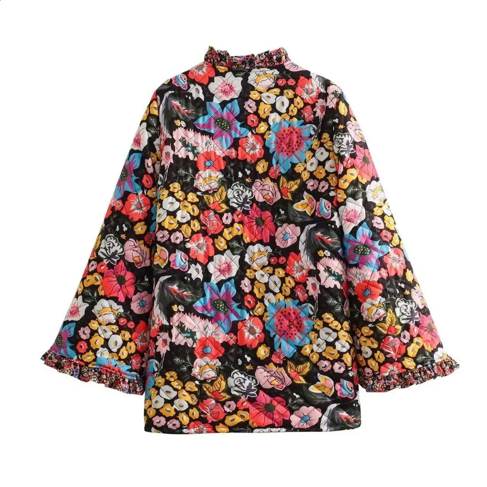 Quilted Jacket Woman Autumn Winter Flower Printed Vintage Demi-season Jacket for Women Coats Tweed Warm Lamb Wool Coat 240819