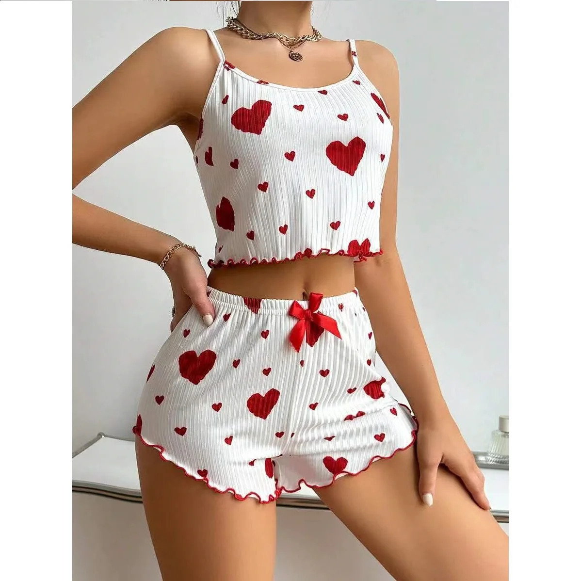 Womens Pajama Set 2Piece Short Tank Top and Shorts M L White Vent Soft Casual Love Printing w240819