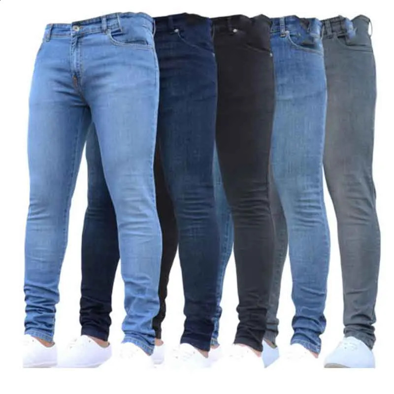 Solid Color Fashion Men Casual Pants Stretch Jeans Skinny Work Trousers Male Wash Slim Fit for Zippered Jeans Men Clothing 240815