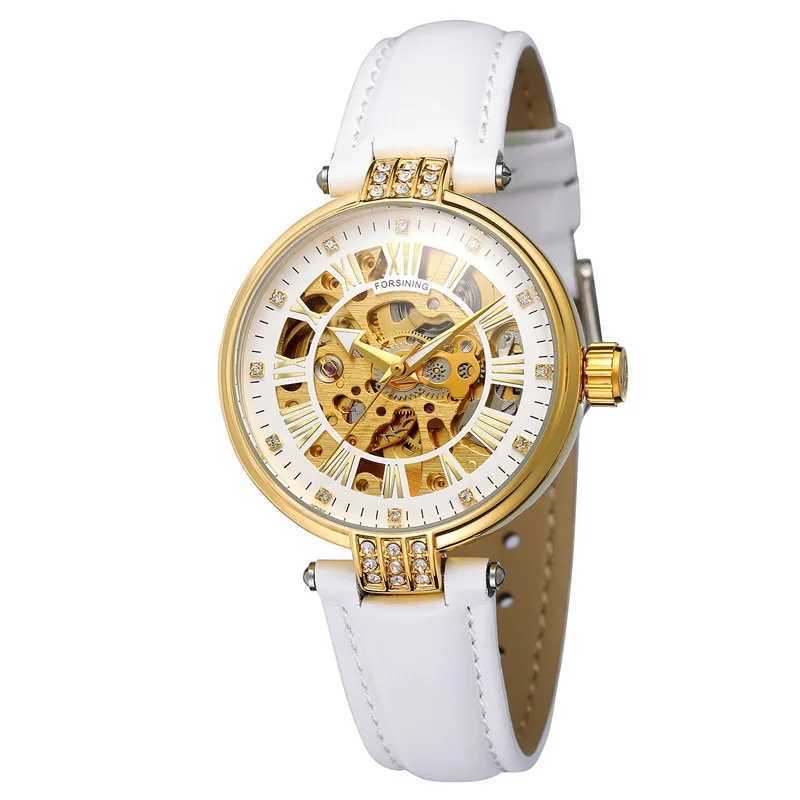 FORSING Women White Golden Skeleton Automatic Mechanical Ladies Fashion Busin Luminous Wrist Relogio Homme Saati W250104