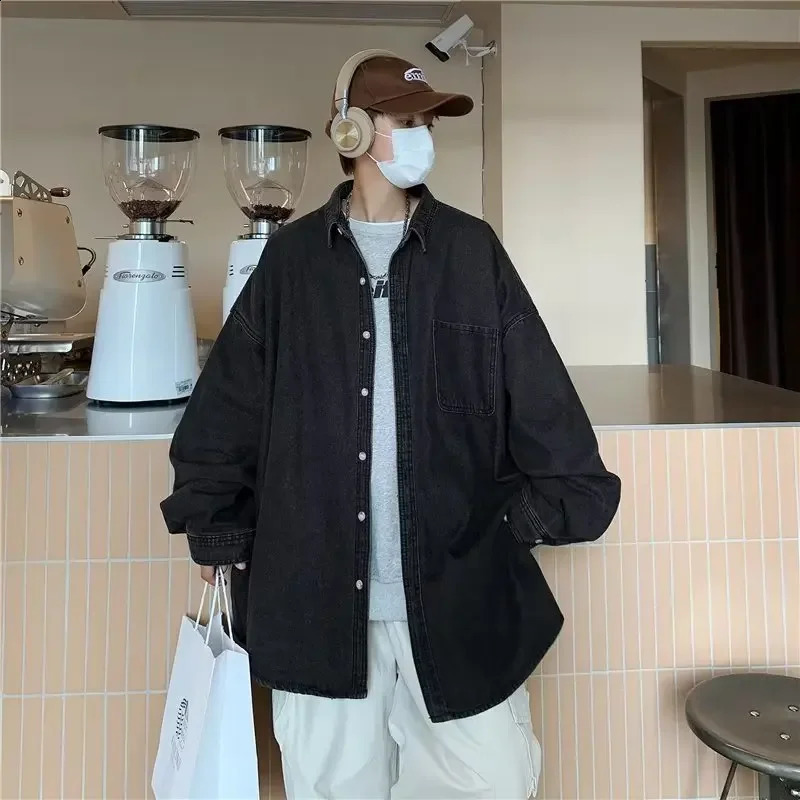 Unisex Denim Long Sleeve Shirt Oversize Autumn Loose Fit Japanese Style Casual Versatile City Jacket For Men Women 240816