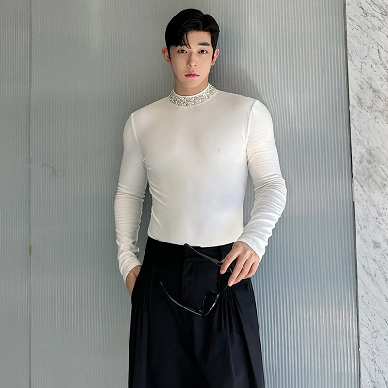 LUZHEN Diamond Decorate Long Sleeve T Shirt Fashion Plain Slim Base Shirt Original Personalized Trendy Mens Tops LZ4789 240819