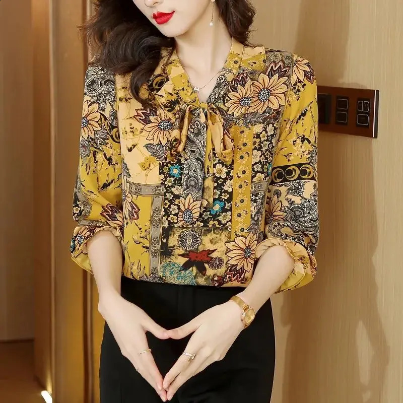 SpringSummer Korean Edition Elegant Loose Long Sleeve Printed Vneck Bow Womens Top 240814