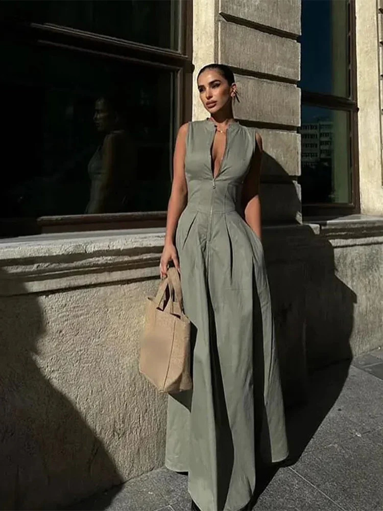 Fashion Sleeveless Spliced Zipper Maxi Dress Elegant V-neck High Waist Slim Pleated Long Dresses Summer Office Lady Street Robes 240816