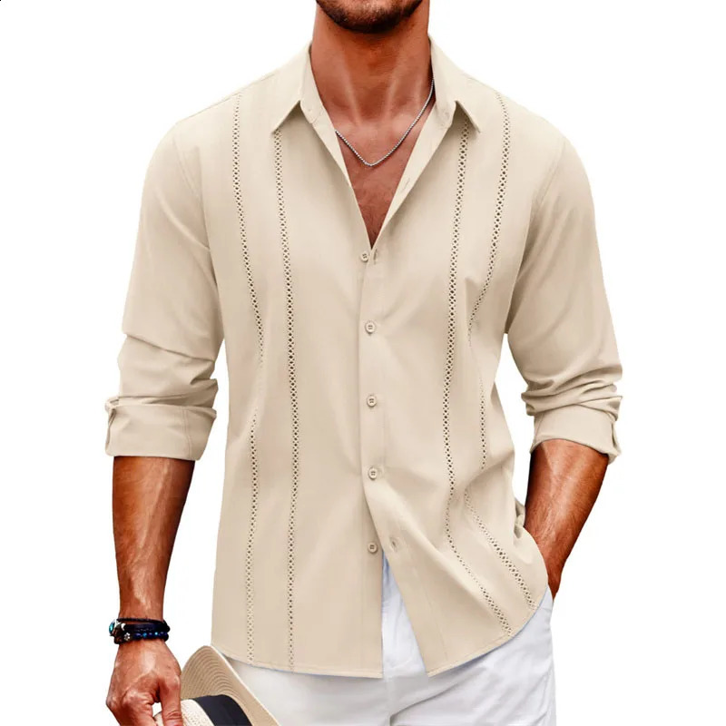 Simple casual lace long sleeve shirt cross-border beach linen button mens long sleeve solid color plus-size shirt 240816