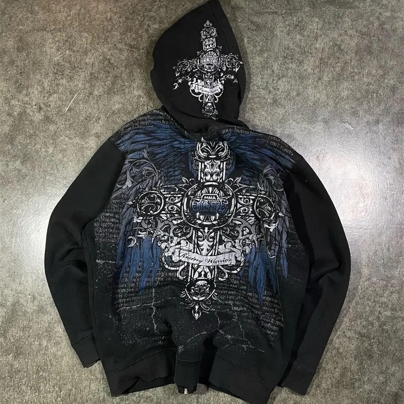 Womens Hoodie Y2K Cyber Grunge Emo Zip Up Sportswear Retro Graphic Printing Kpop Fashion Gothic Womens Wear 240819