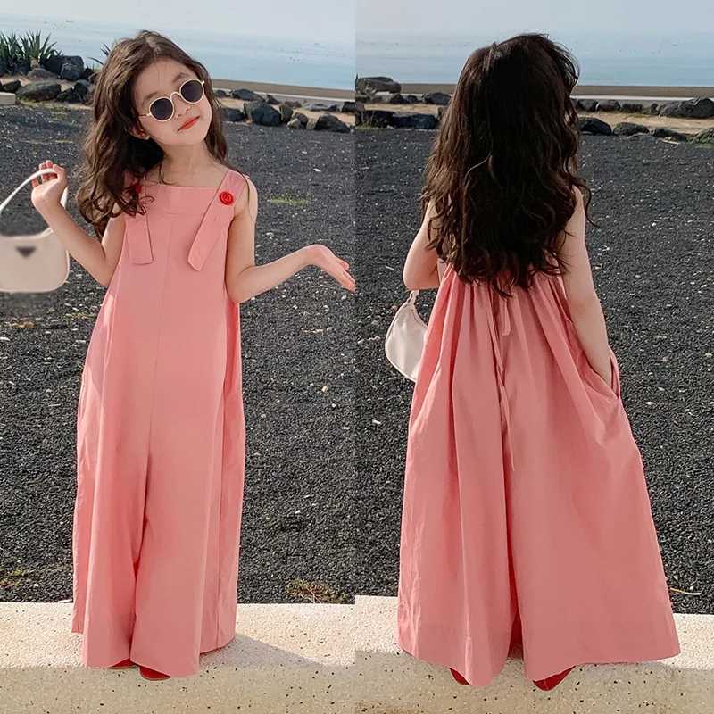 Childrens clothing for girls 100% pure cotton loose top fashionable Korean style outdoor casual harem pants childrens jumpsuit 3-8Y W240806