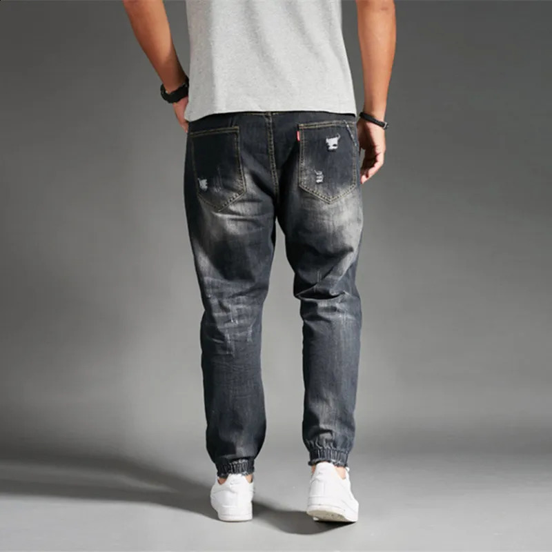 Mens ripped jeans black Distressed Plus size 44 48 denim big blue cotton jogging pants harem hiphop Trouser 240816