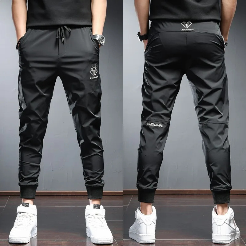 Mens Black Sport Jogging Pants Summer Lightweight Fashion Casual Embroidery Slim Fit Elastic Waist Drawstring Joggers Trousers 240822