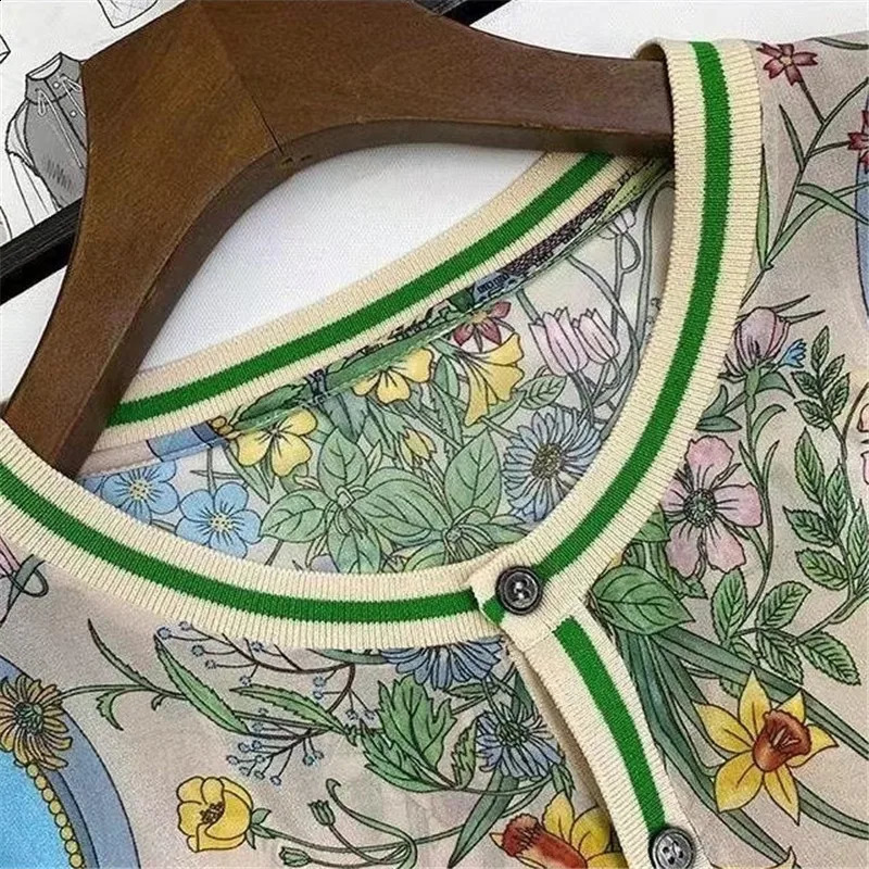 Limiguyue Spring Autumn Green Printed Floral Cardigan Women Patchwork Knit Thin Silk Coat Long Sleeve Big Pocket Jacket F388 240819