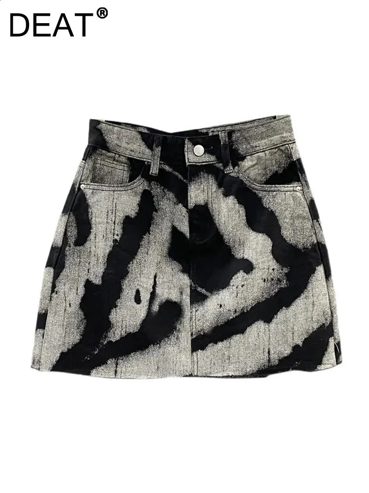 DEAT Womens Denim Tight Clothing Contrast Color Stripe Printed Burr High Waist Short Mini Skirt 2024 Summer Style 17A2006H 240819