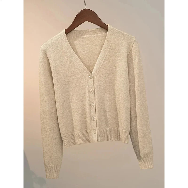 Sweater knitted cardigan button jacket autumn winter long sleeve casual short tops for women sweater Grey White 240819