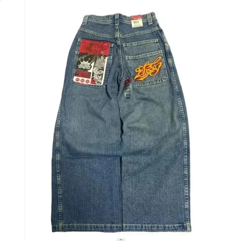 Mens Y2K Jeans Harajuku Hip Hop Letter Embroidered Vintage Baggy Casual Denim Pants High Waist Wide Trousers 240819