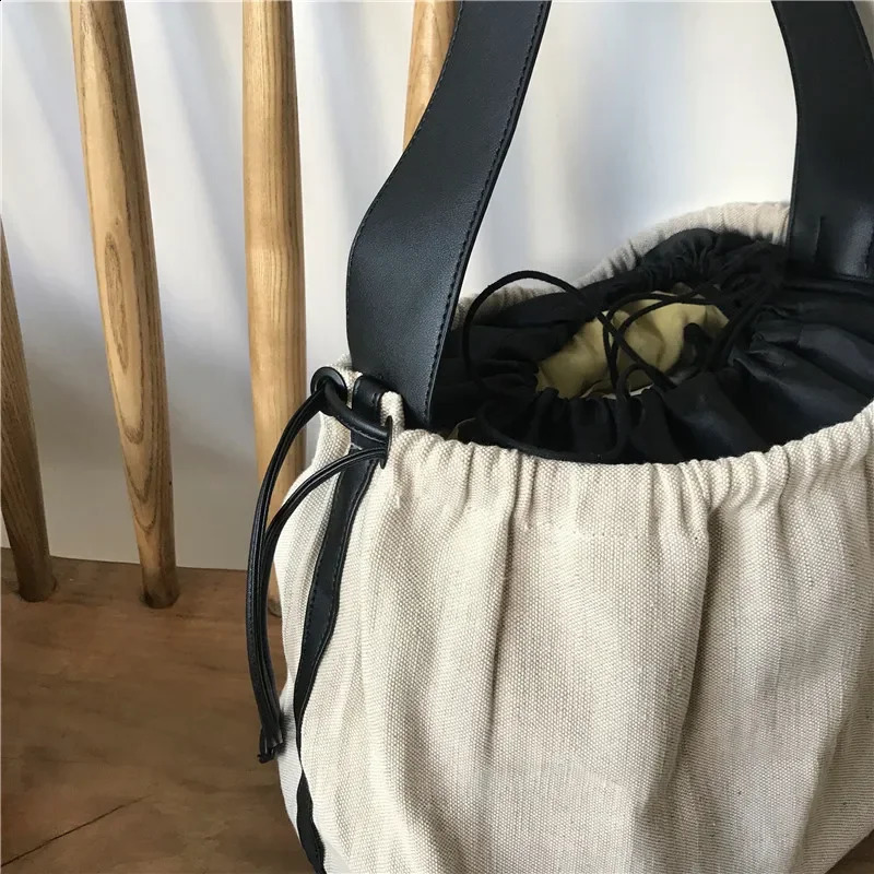 Korean Contrast color Women handbag Drawstring canvas ladies shoulder bag large capacity travel bag female big bolsas bao 240816