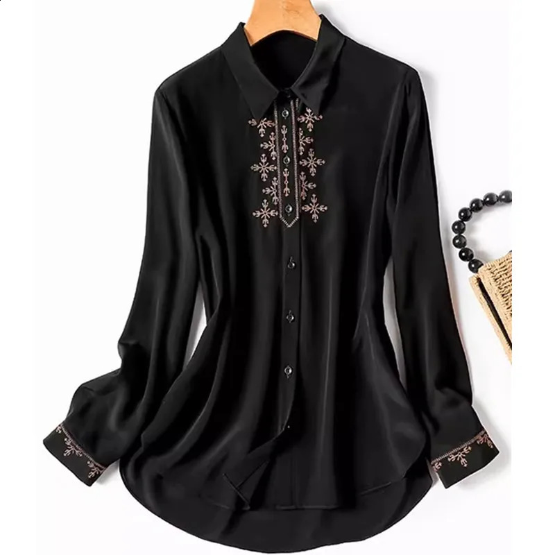 Womens long sleeved shirt imitating silk summer and embroidered fashionable spring 240814