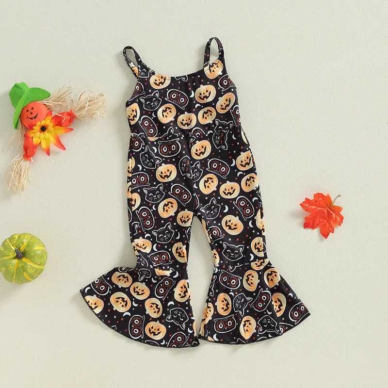 Childrens girls jumpsuit spaghetti strap pumpkin print jumpsuit casual Halloween costume W240806