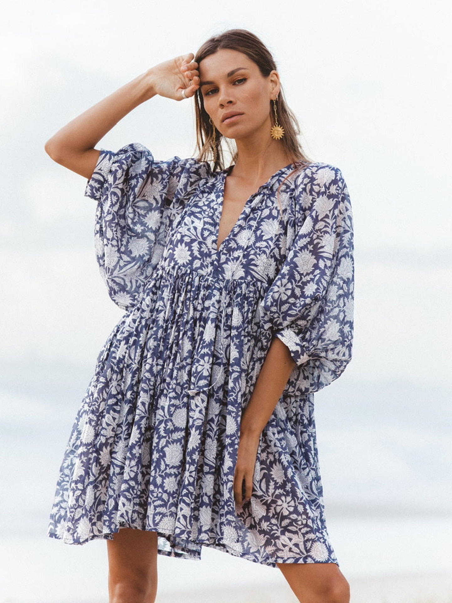 Summer Fashion Womens Floral Tie Loose Casual Cotton Dress Seaside Holiday Skirt