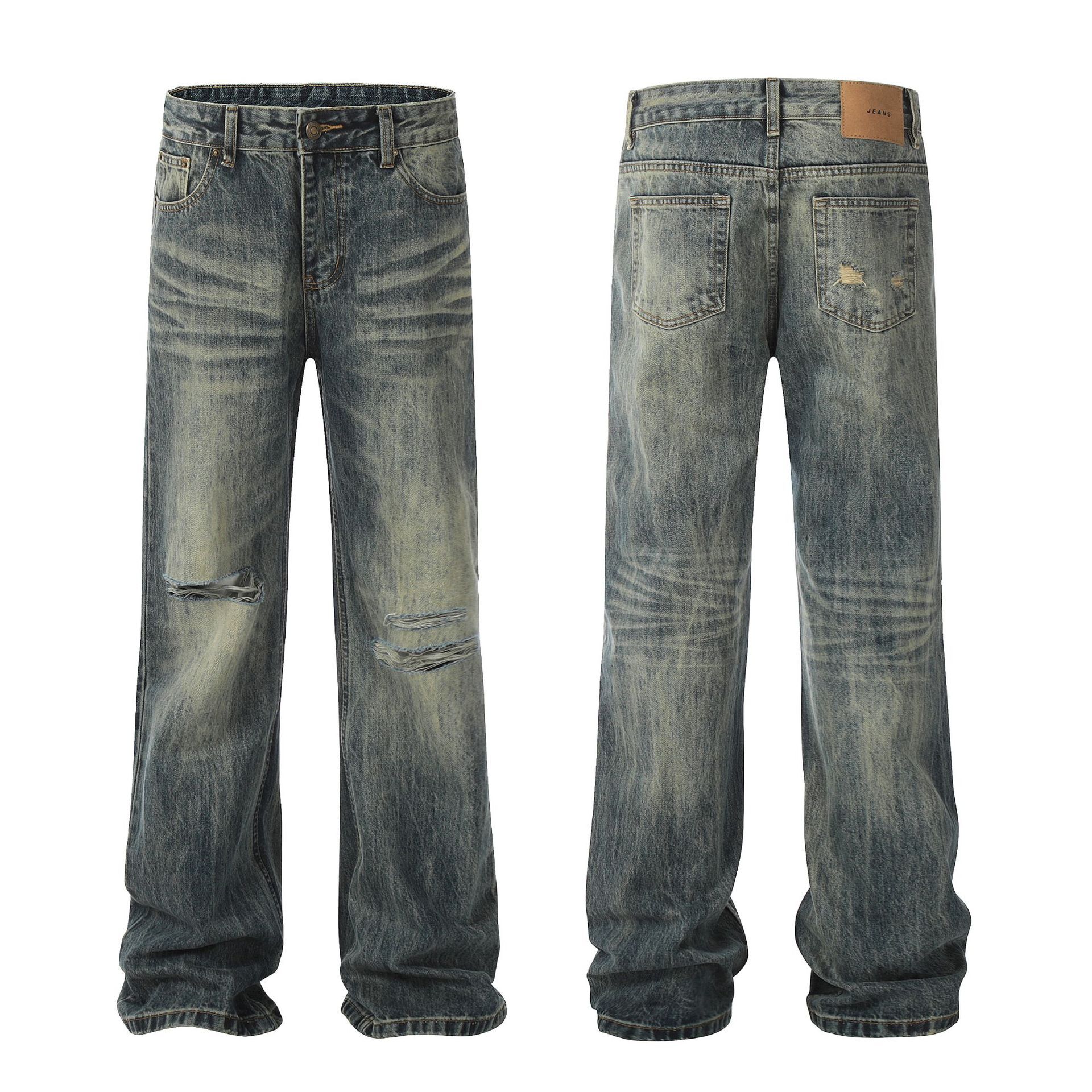 American Street Yellow Mud Washed Distressed and Sagging Jeans for Both Men and Women