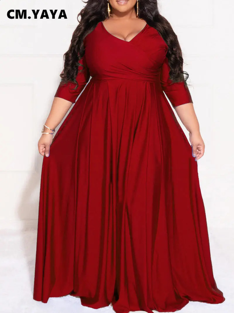 CM.YAYA Plus Size Women Evening Dresses Classic Curve Wrap V-neck Big Swing Maxi Vestidos De Verano Mujer Party long Dress 240819