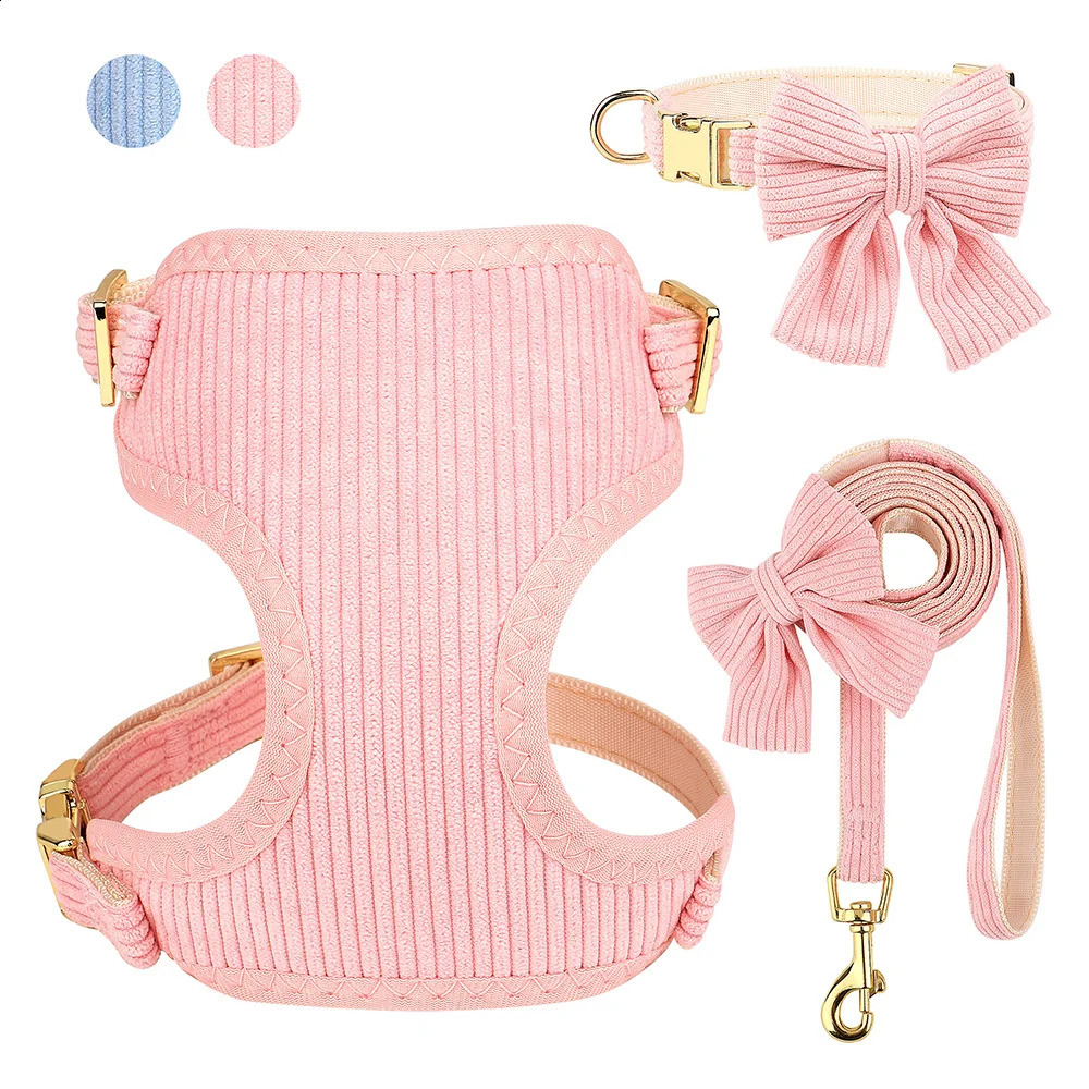 Pink Dog Collar Harness Leash Set Cute Dog Collar Leash WIth Bowtie Soft Harness Vest For Small Medium Dogs Outdoor Walking 240819