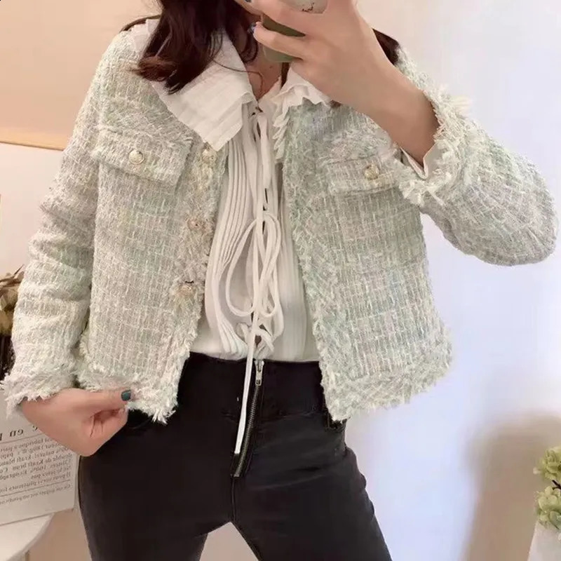 HJLZWB Fashion Korean Chic Retro Coarse Fleece Wool Jacket for Womens Autumn Single breasted Plain Tassel Office 240819