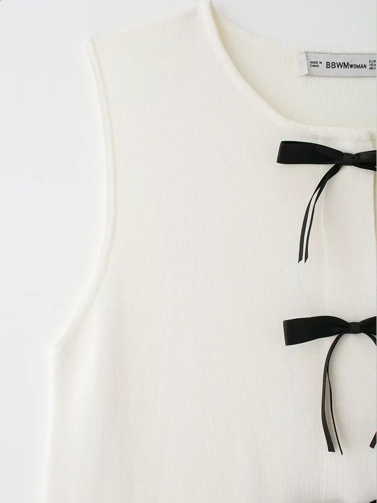 TRAF Summer Womens Knitted Sleeveless Mini Dresses Fashion Female Solid O-neck Bow Dress Sweet Girls Lovely Pockets Dress 240819