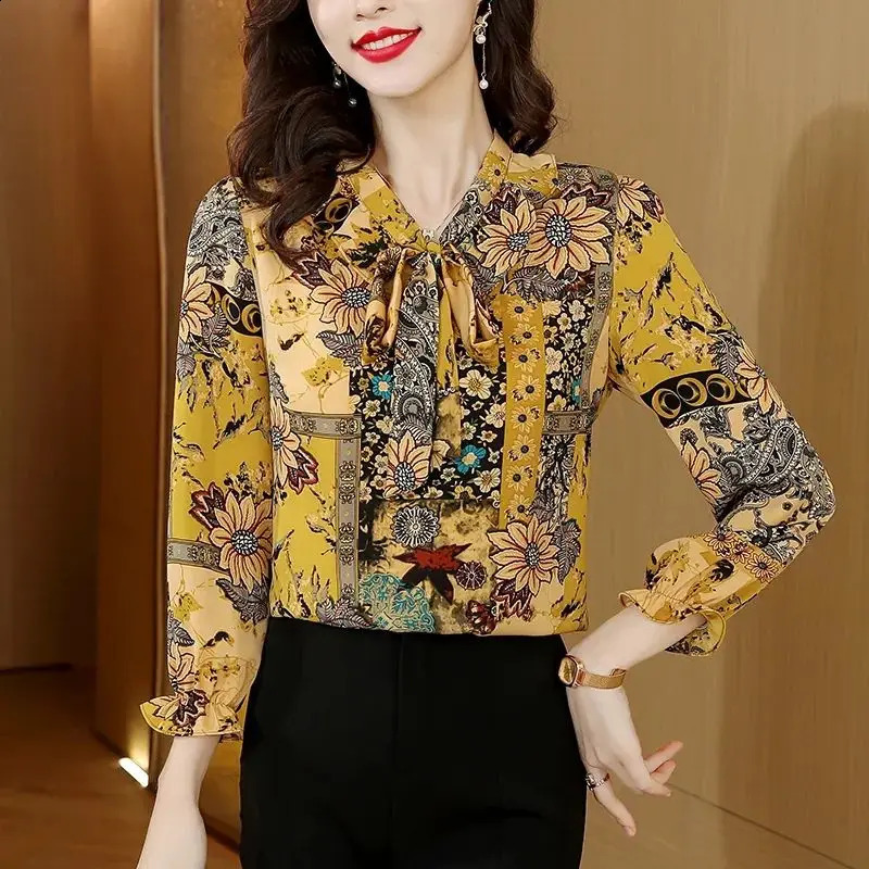 SpringSummer Korean Edition Elegant Loose Long Sleeve Printed Vneck Bow Womens Top 240814