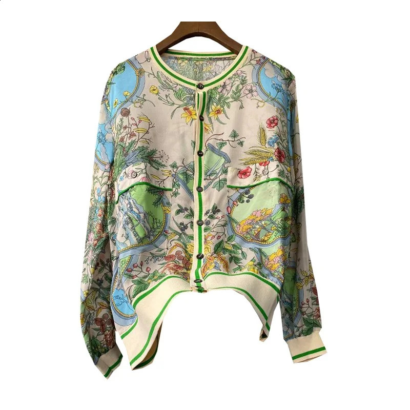Limiguyue Spring Autumn Green Printed Floral Cardigan Women Patchwork Knit Thin Silk Coat Long Sleeve Big Pocket Jacket F388 240819