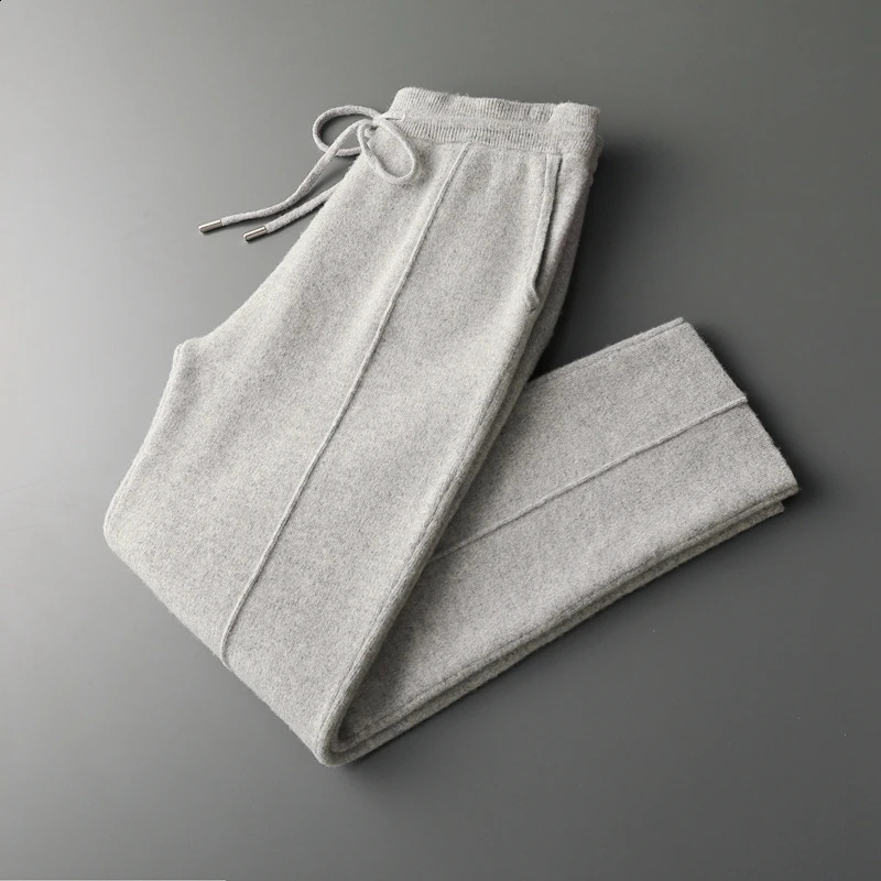 100% Merino wool mens wool pants for autumn and winter thick knitted pants slim fit solid color flat angle pants 240828