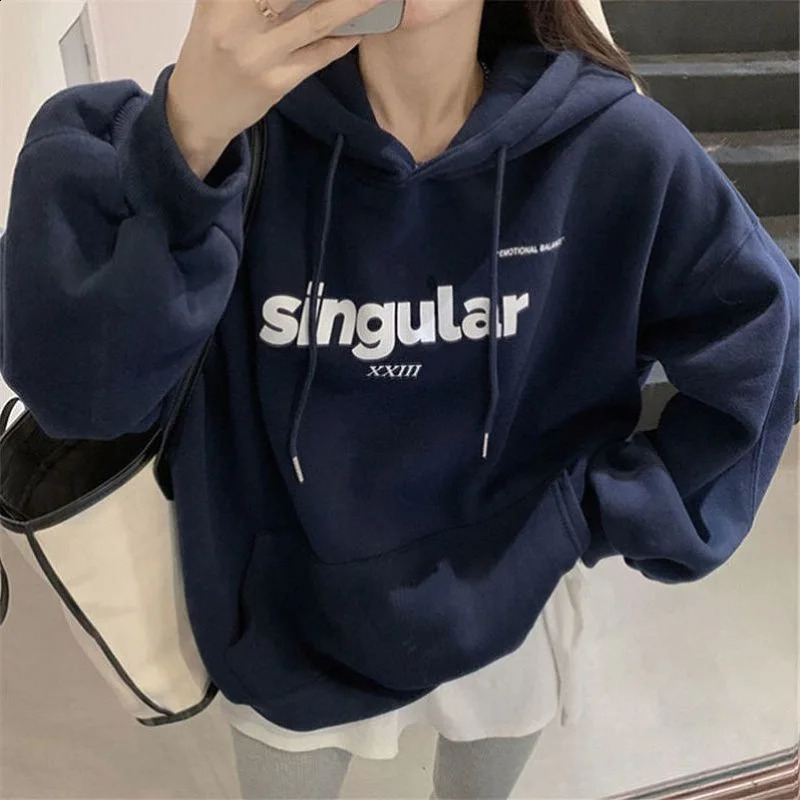 Wool lined hooded sweatshirt for women letter printed oversized zipper loose Grunge Y2K Cl 240814