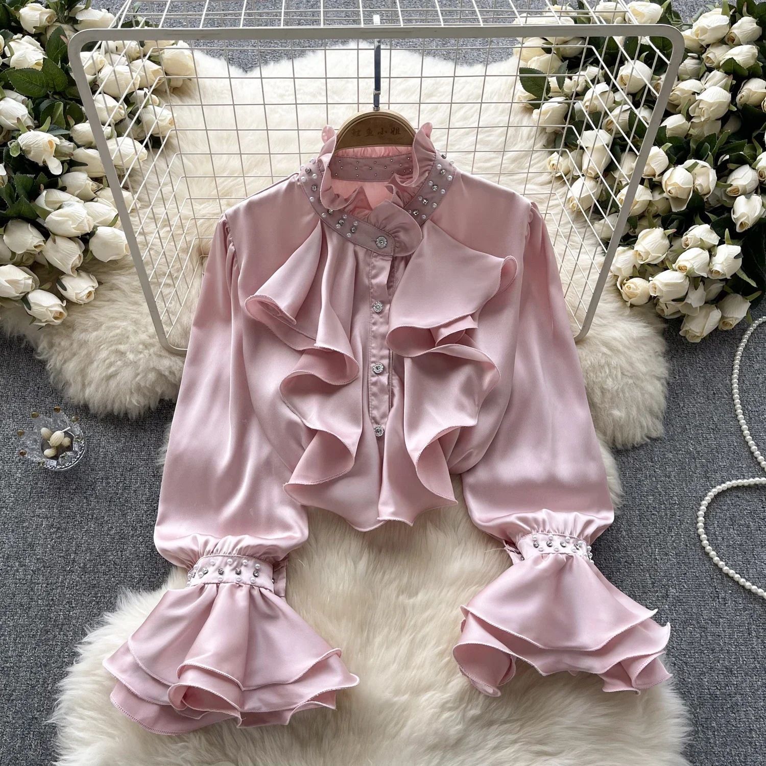 Vintage Rhinestone long sleeved shirt ultrathin elegant fashion crop top sexy spring and autumn womens 240819
