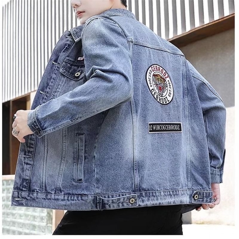 Denim Jacket Men Printed Black Streetwear Bomber Jacket Embroidery Spring Autumn Windbreaker Blue Jean Korean Fashion Loose 240816
