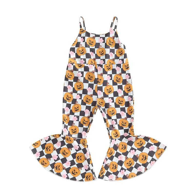 Preschool girl Halloween costume pumpkin bow print bell bottom jumpsuit sleeveless jumpsuit autumn costume 1-5T W240806