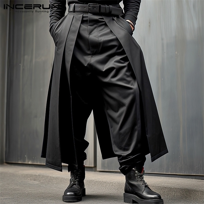 INCERUN Mens Irregular Pants Solid Color Jogger Loose Button Fold Casual Wide Leg Street Clothing Fashion w240816