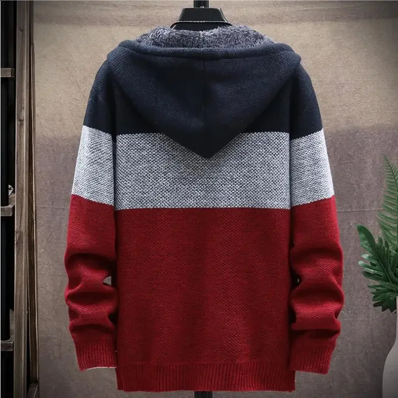 Mens Cardigan Hooded Sweater Autumn Winter Fashion Male Clothing Stitching Color Plus Velvet Thickening Slim Jacket Coat 240816