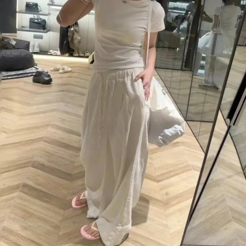 Deeptown White Basic Linen Women Pants Elastic Waist Harajuku Korean Fashion Baggy Trousers Female Thin Oversized Casual Summer 240816