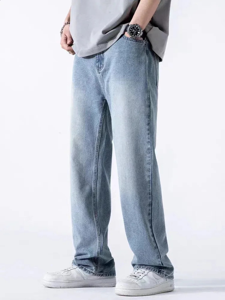 Spring Summer Mens Jeans Straight Denim Pants Elastic Waist Cotton Streetwear Male Wide Baggy Casual Blue Trousers 240816