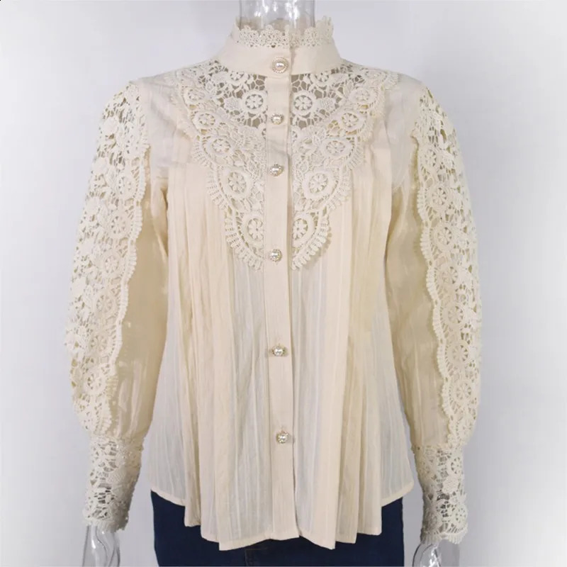 White lace shirt womens spring and autumn sexy long sleeved pearl button flower hollow blue transparent mesh top 240814