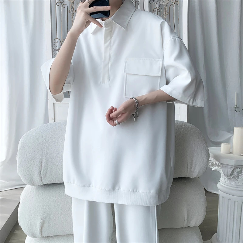 Summer Mens Oversized Polo Shirt Cotton Turn Down Collar Harajuku Vintage Short Sleeve Casual Tops Tees i240819