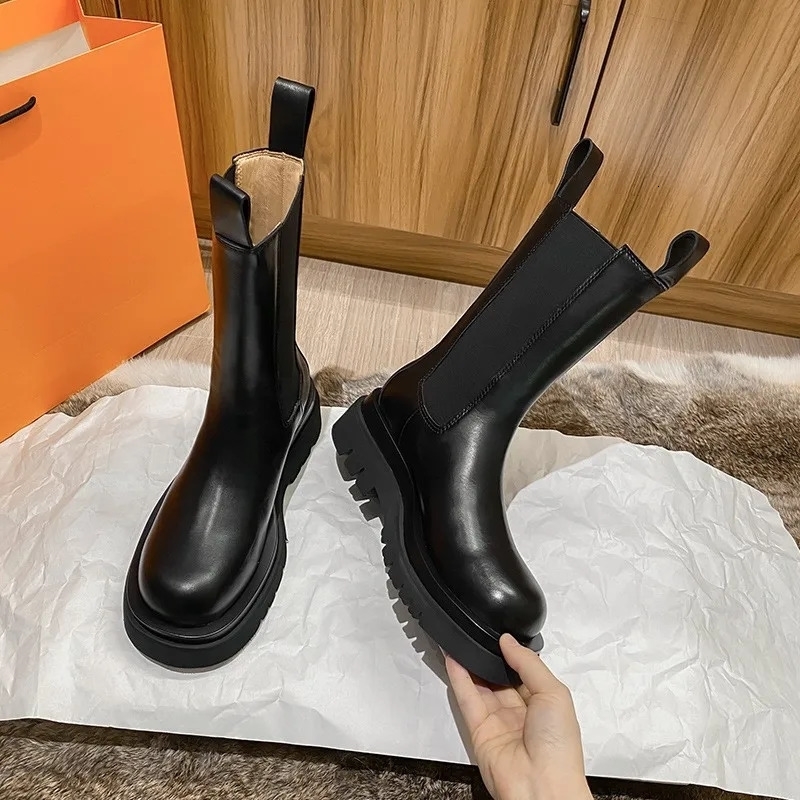 Classics Black Ankle Boots Autumn Winter Shoes Genuine Leather Platform Short Slip on Elastic Band