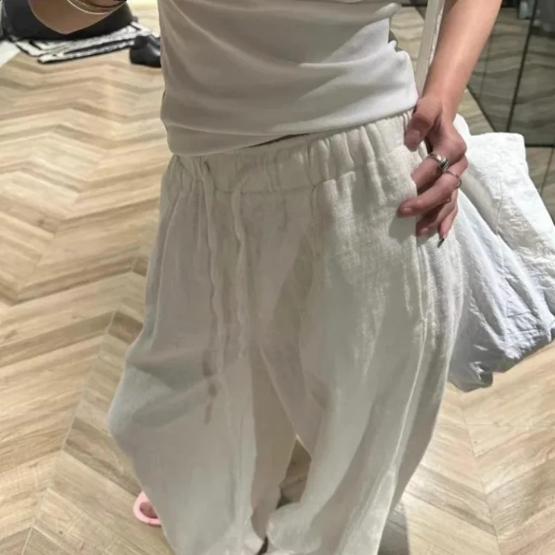 Deeptown White Basic Linen Women Pants Elastic Waist Harajuku Korean Fashion Baggy Trousers Female Thin Oversized Casual Summer 240816