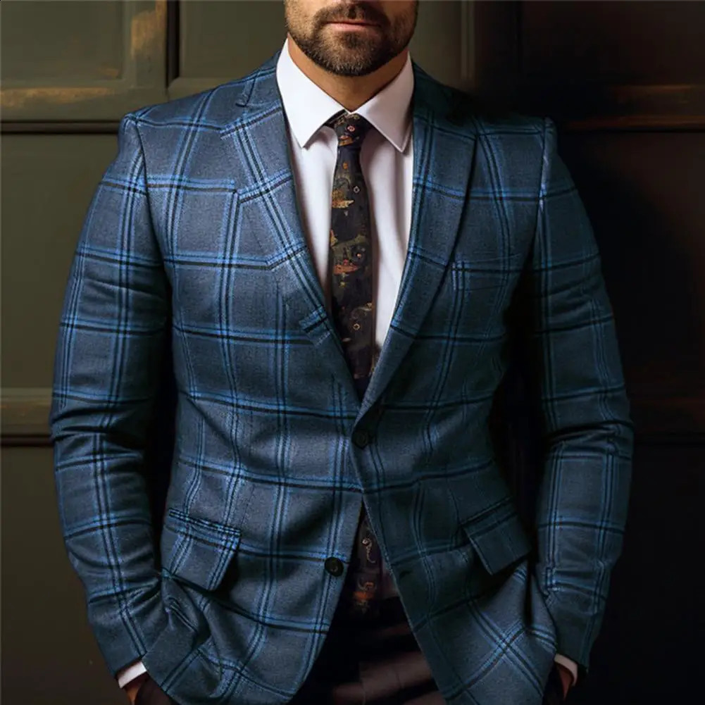 Vintage Men Suit Blazer Formal Slim Fit Plaid Print Business Jacket Long Sleeve Single Button Blazer Men Office Attire Coat 240816