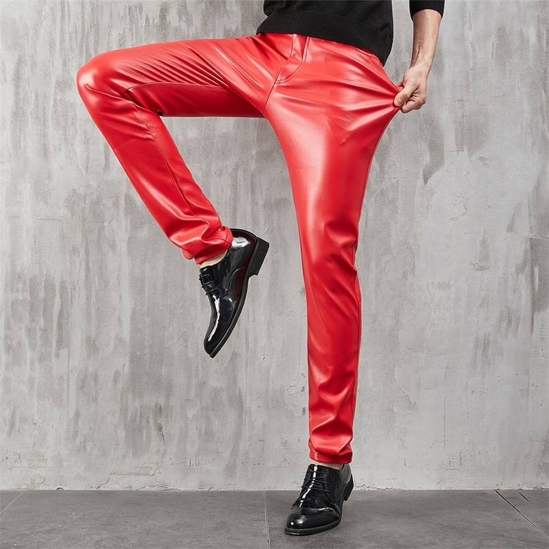 Mens Leather Pants Skinny Fit Stretch Fashion PU Leather Trousers Nightclub Party Dance Pants Thin 240816CJ