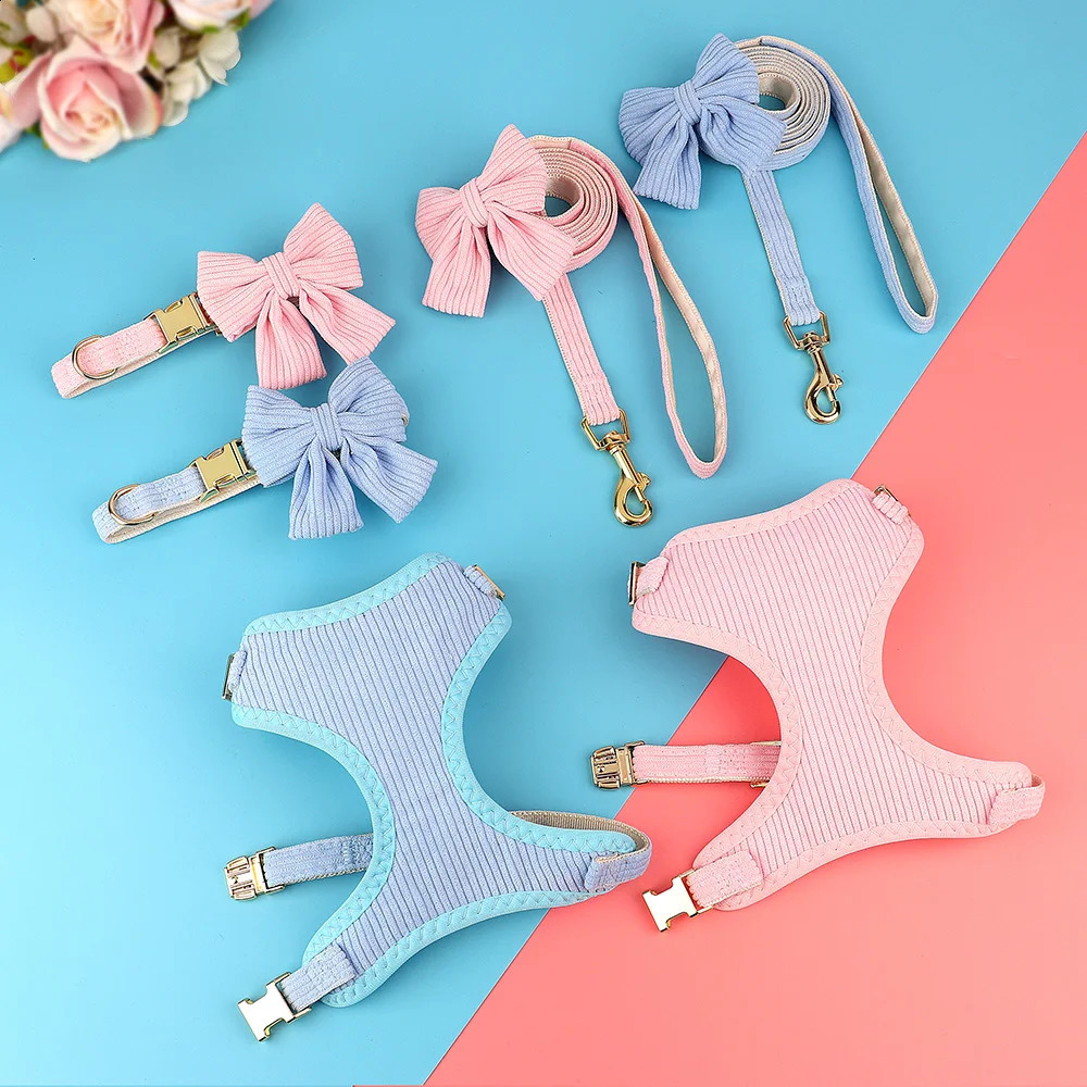 Pink Dog Collar Harness Leash Set Cute Dog Collar Leash WIth Bowtie Soft Harness Vest For Small Medium Dogs Outdoor Walking 240819