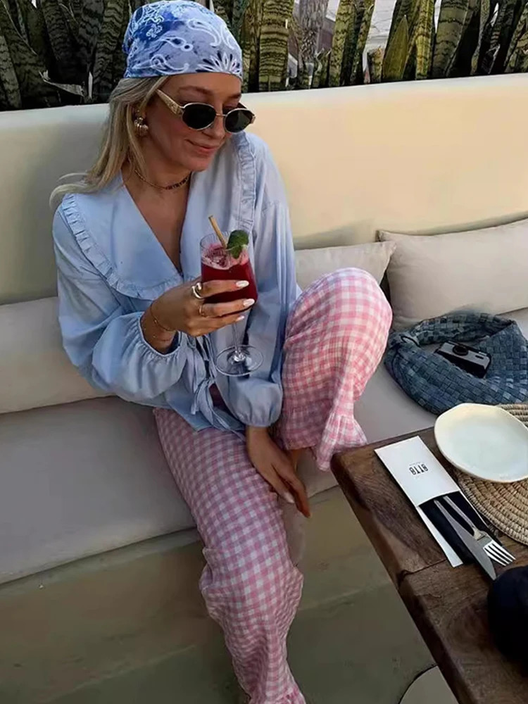 Casual Plaid Ruffles Edge Flare Pants Women Elastic High Waist Wide Leg Female Trouser 2024 Spring Summer Fashion All-match Pant 240816