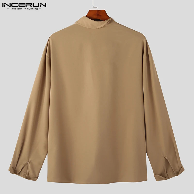 INCERUN Tops Korean Style Mens Diagonal Placket Solid Simple All-match Blouse Fashion Casual Long Sleeved Shirts S-5XL 240816